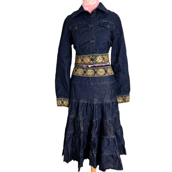 PLATINUM PLUSH Vintage Y2K Gold Denim Skirt & Jacket Ruffle Full Circle Outfit